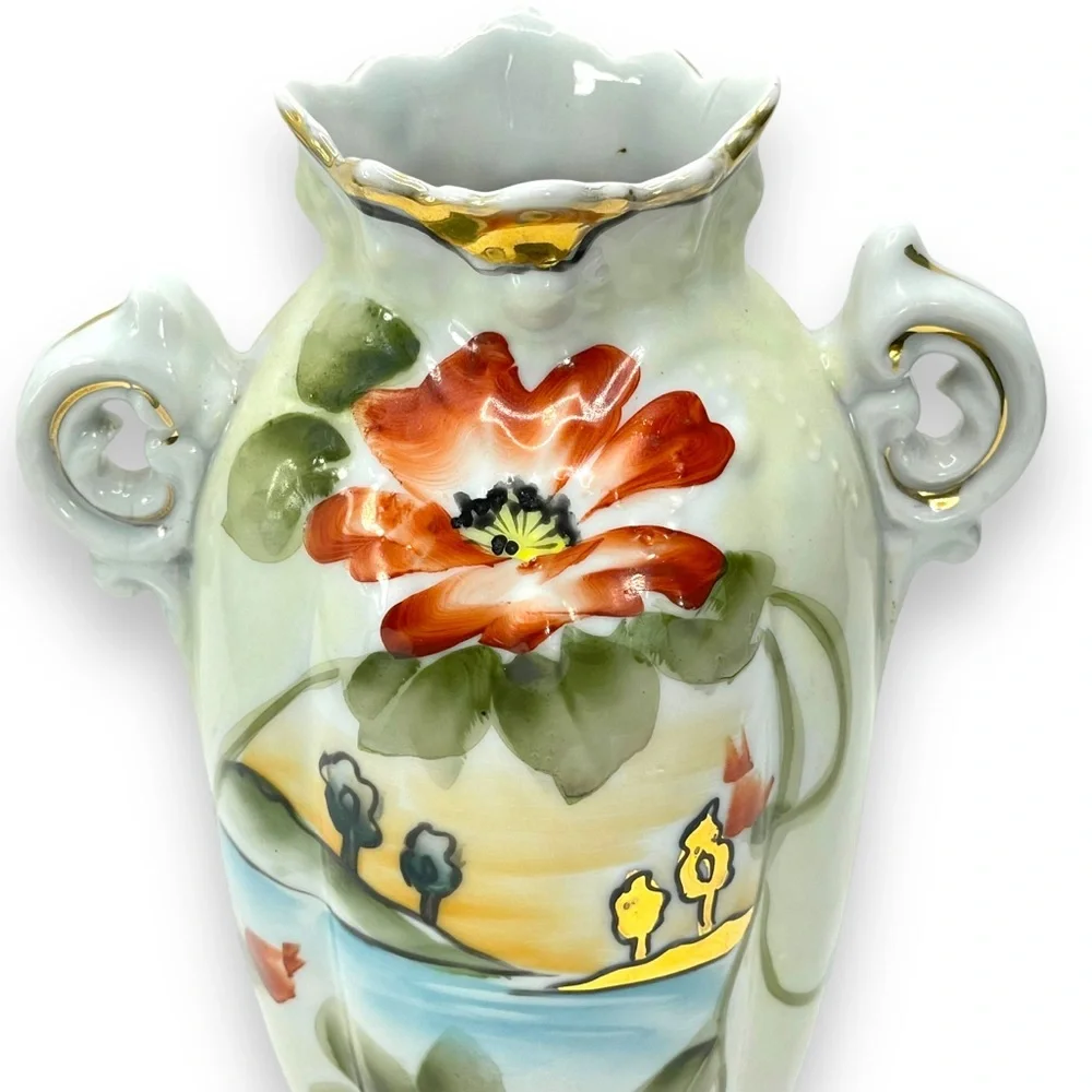 Nippon Hand-Painted Porcelian 2 Handle Vase Floral Lake  Pattern & Gold Trim